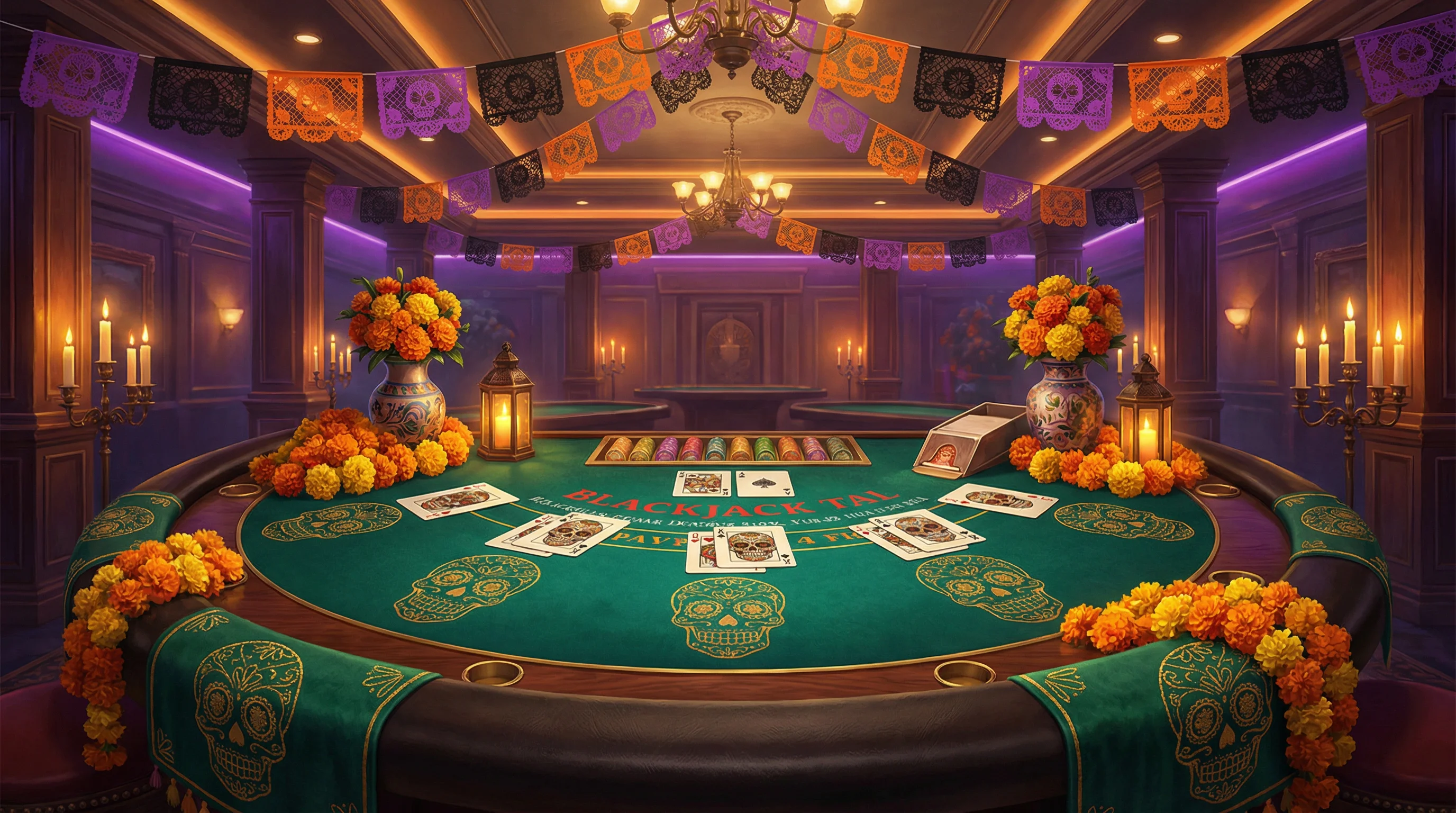 Mesa de blackjack elegante con decoración mexicana